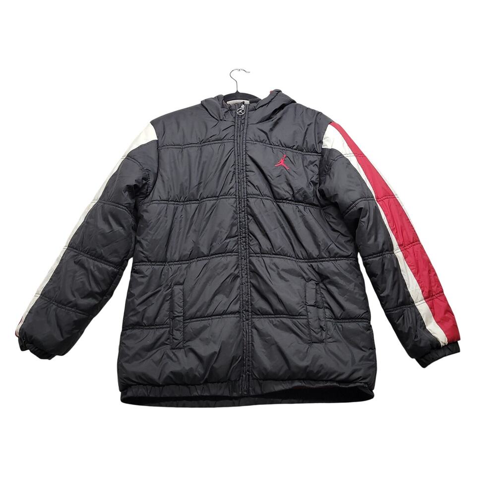Jordan Boys XL 13-15 Puffer Jacket Black Red White Hooded Fleece Lined Jumpman
